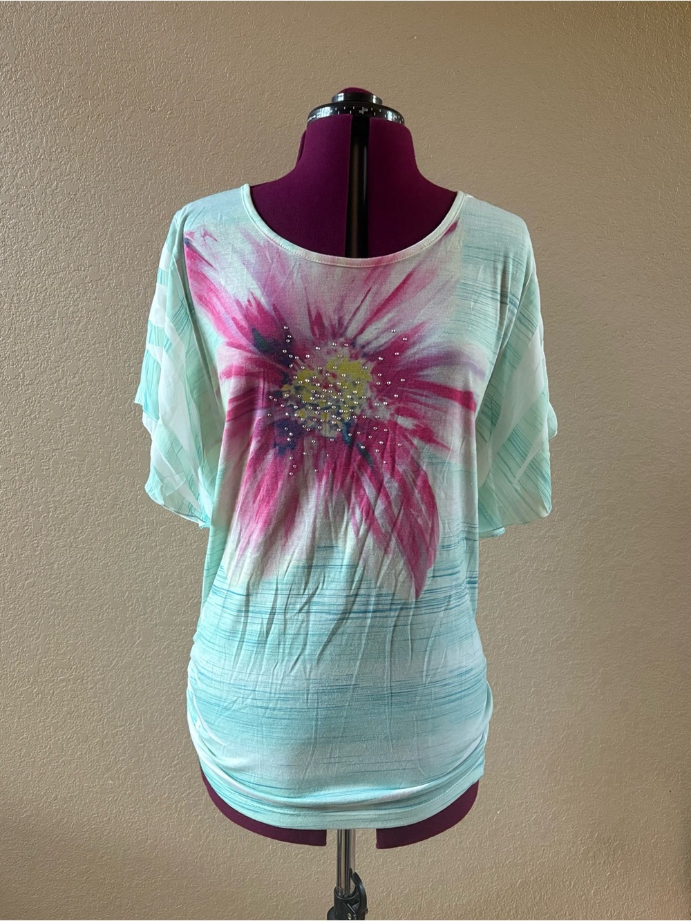 Agenda Mint Short Sleeve Top with Pink Floral Graphic